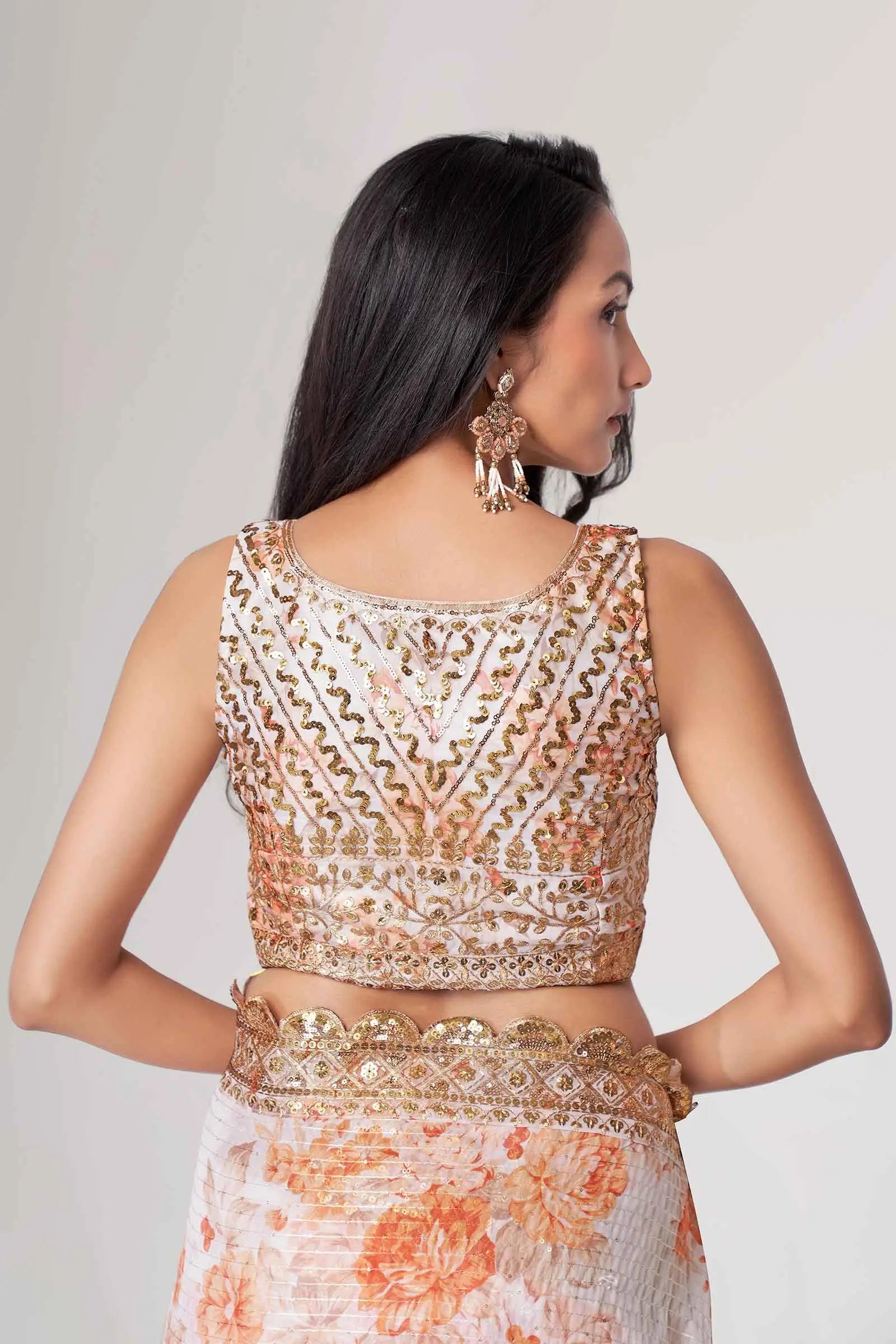 White Floral Print Organza Saree With Sequins Work - qivii