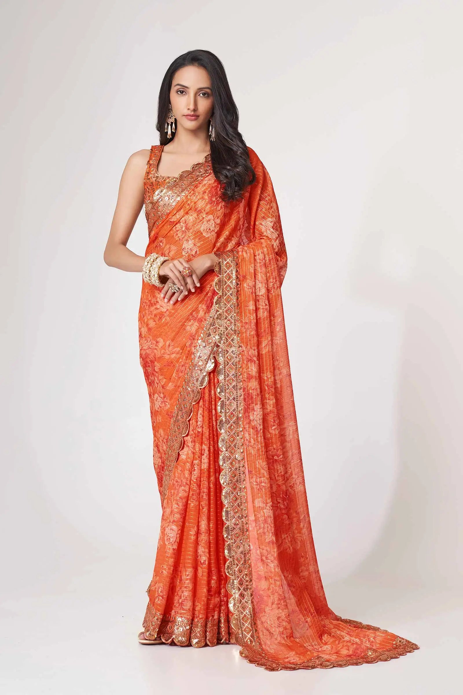 Orange Floral Print Organza Saree With Sequins Work - qivii