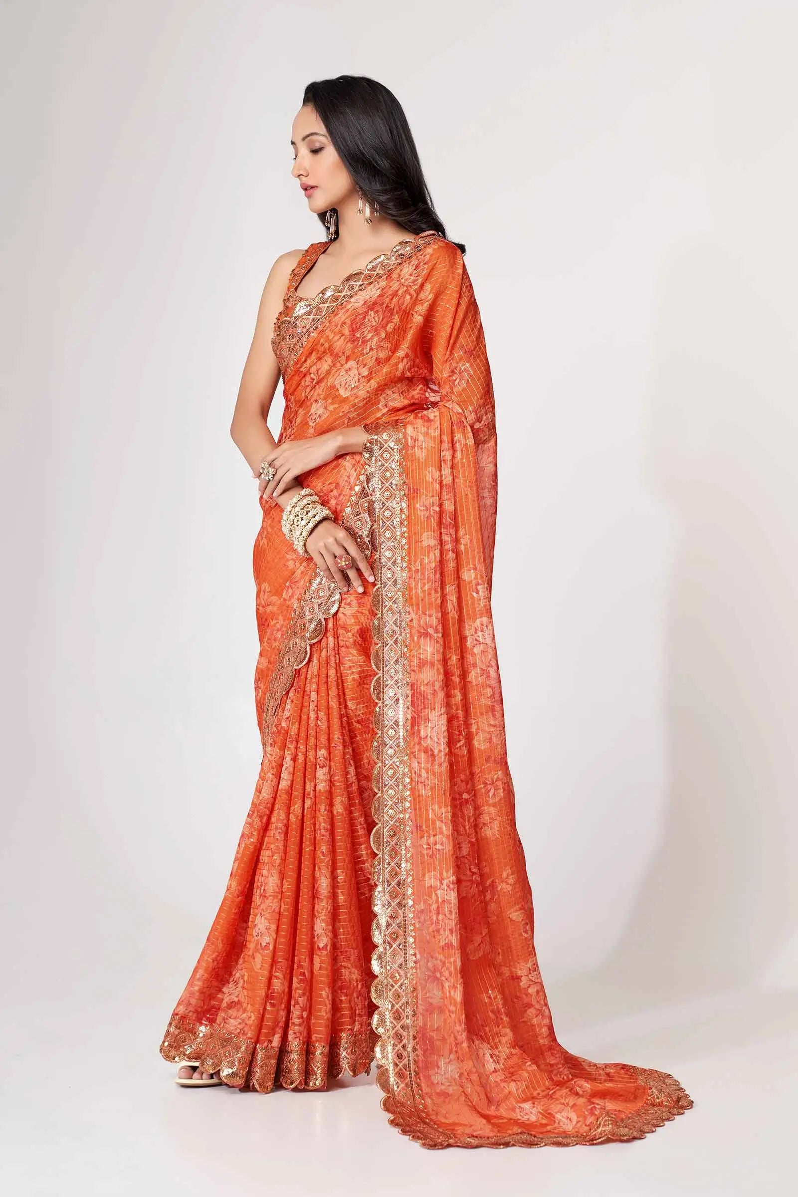 Orange Floral Print Organza Saree With Sequins Work - qivii