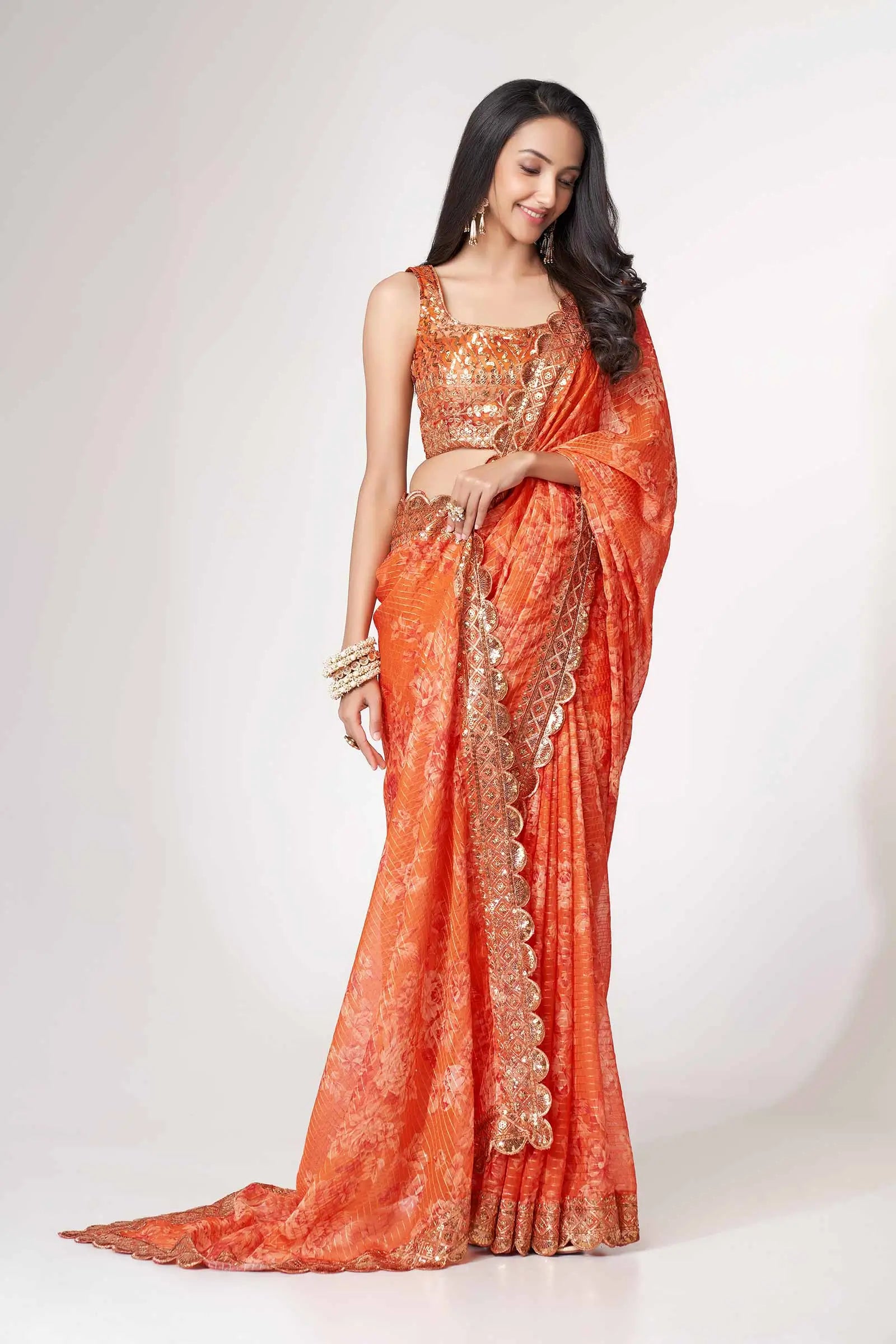 Orange Floral Print Organza Saree With Sequins Work - qivii