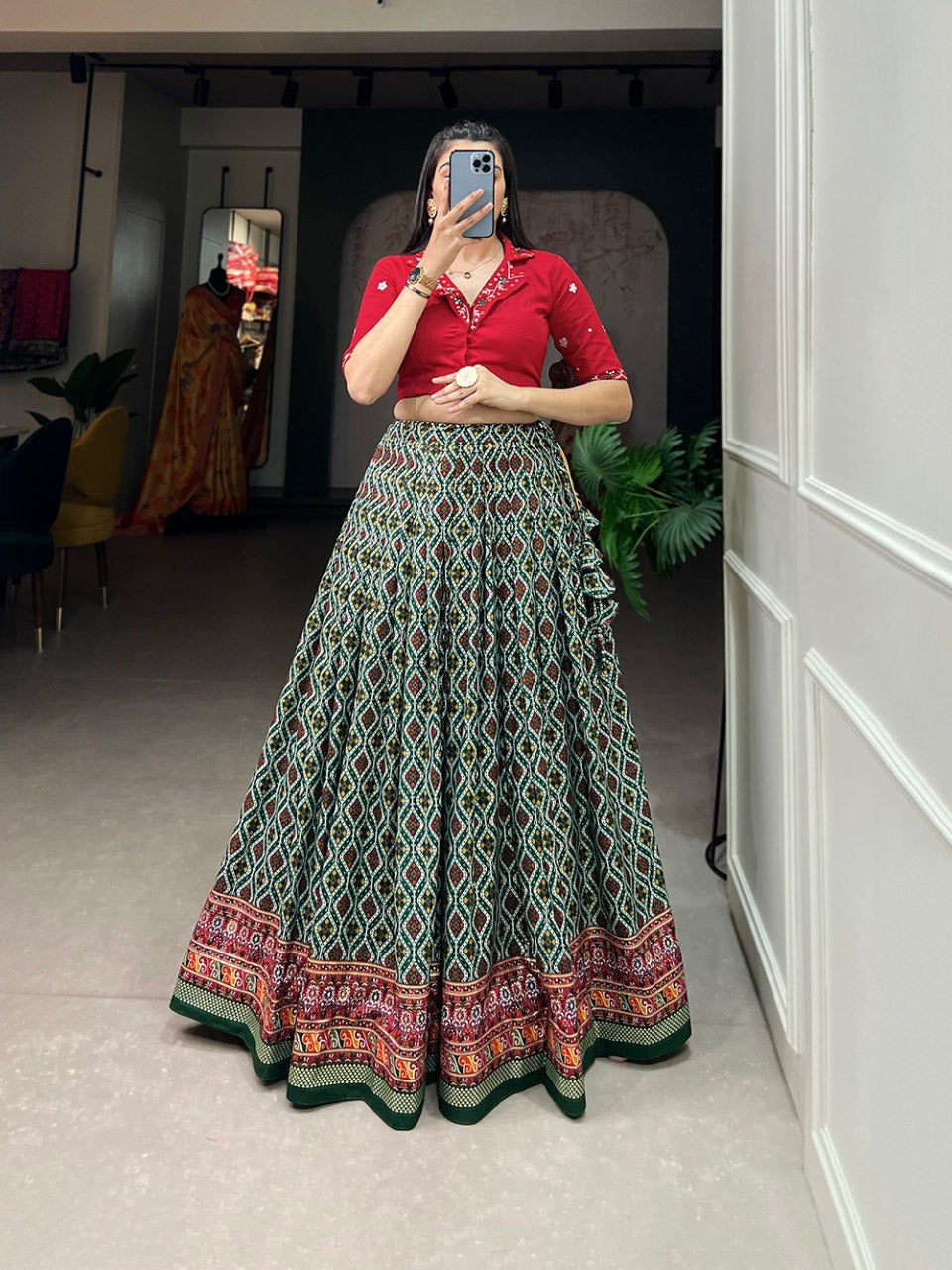 Green Rayon Cotton Patola With Foil Print the cotton lehenga co-ord set