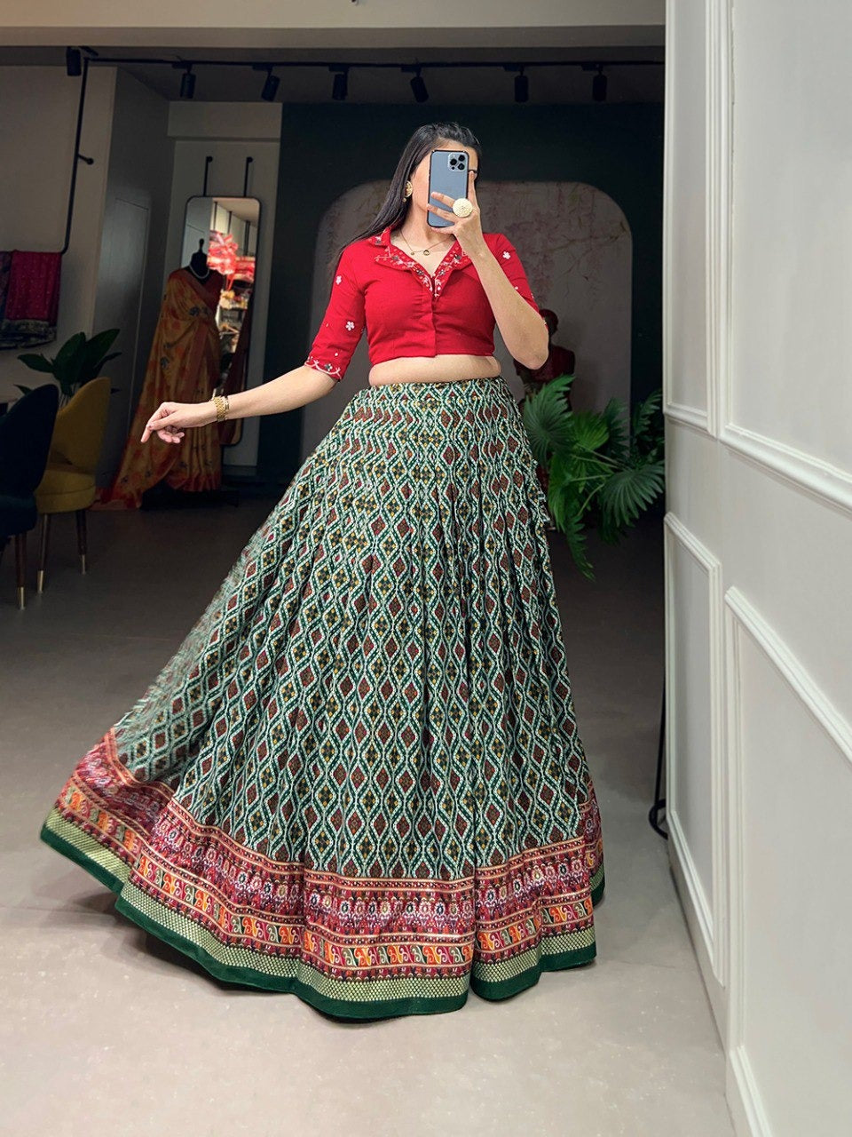 Green Rayon Cotton Patola With Foil Print the cotton lehenga co-ord set