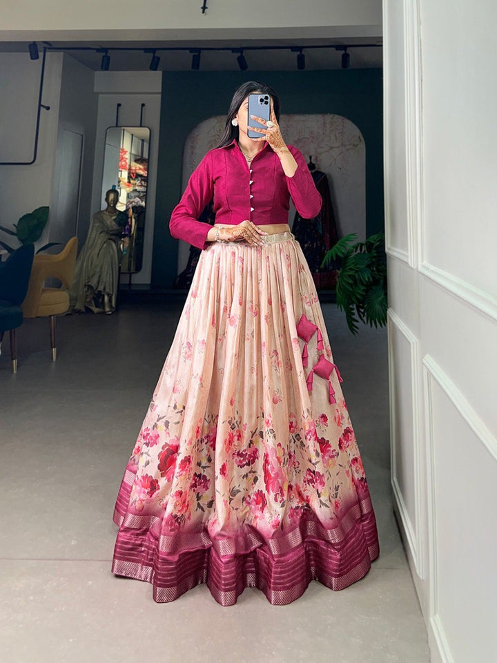 Pink Dola Silk loral Print With Sequins and Zari Border Lehenga