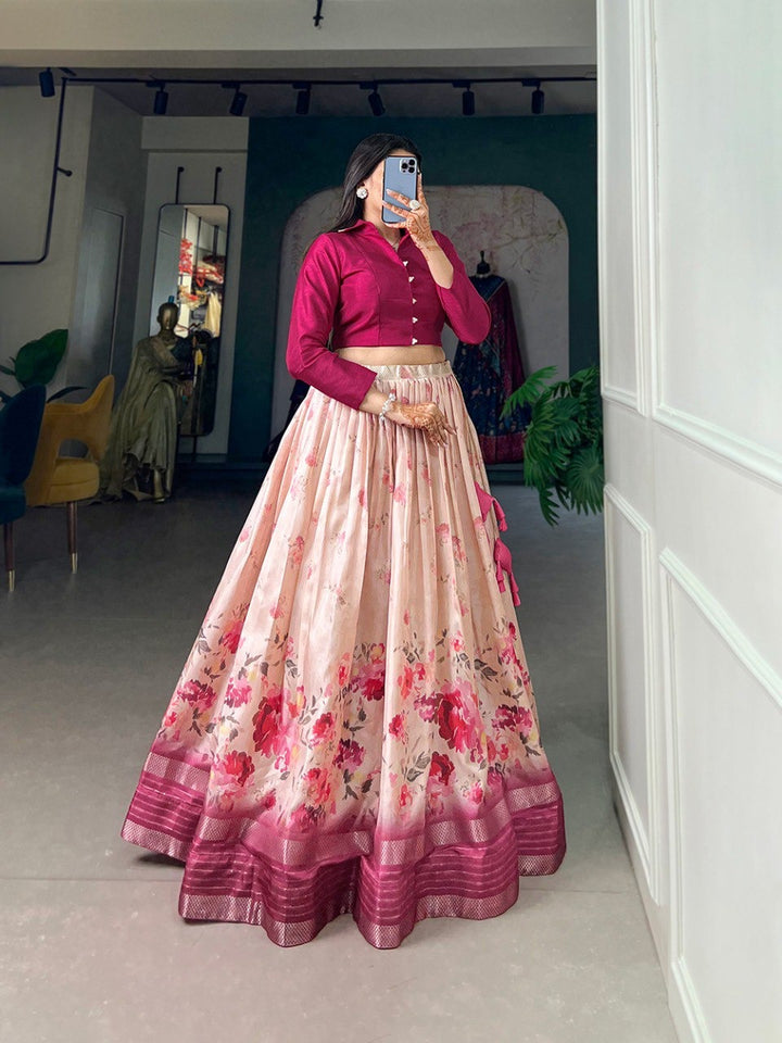 Pink Dola Silk loral Print With Sequins and Zari Border Lehenga