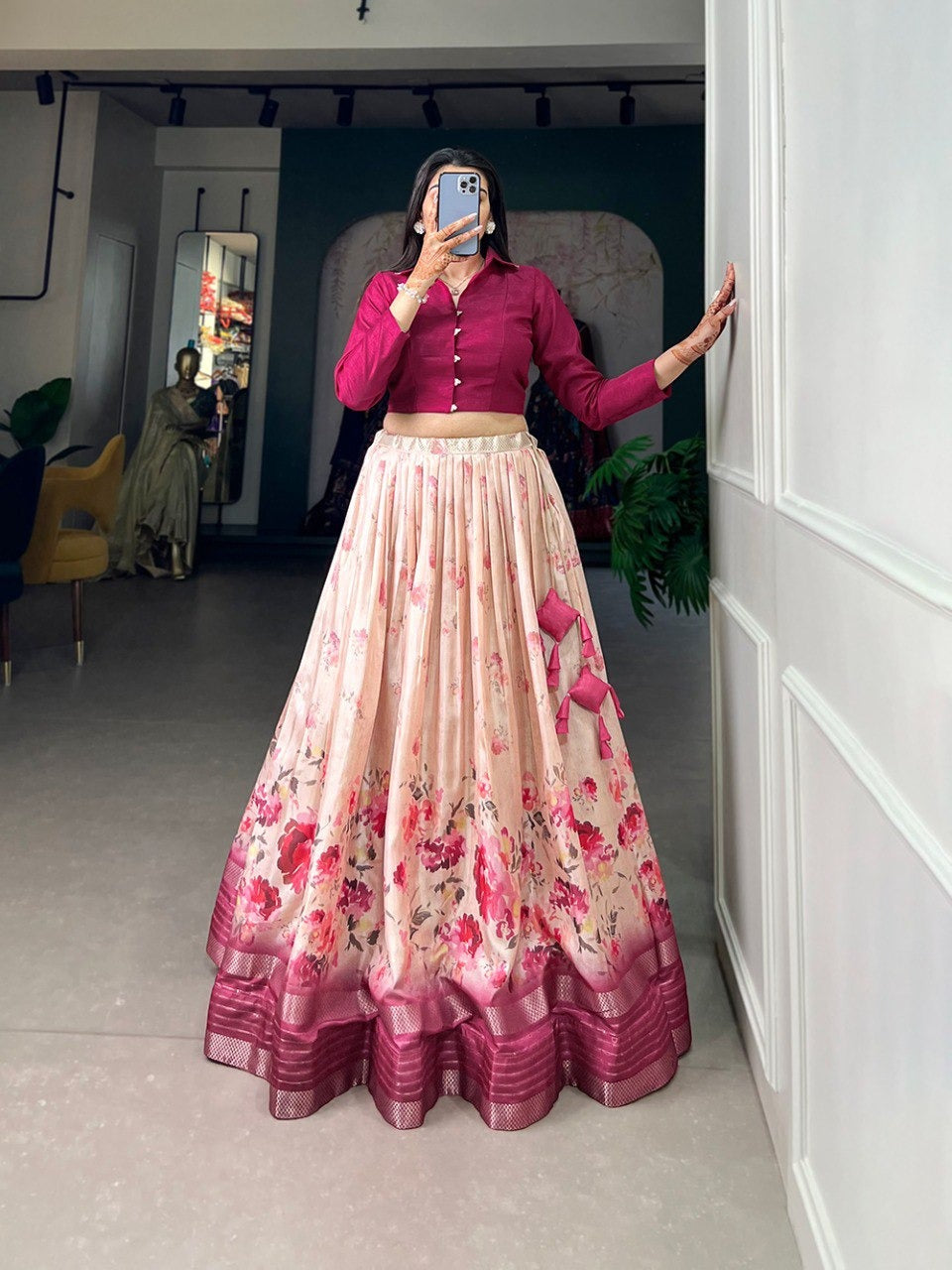 Pink Dola Silk loral Print With Sequins and Zari Border Lehenga