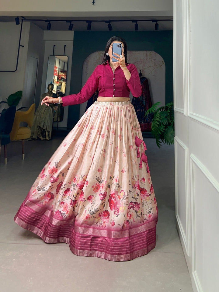 Pink Dola Silk loral Print With Sequins and Zari Border Lehenga