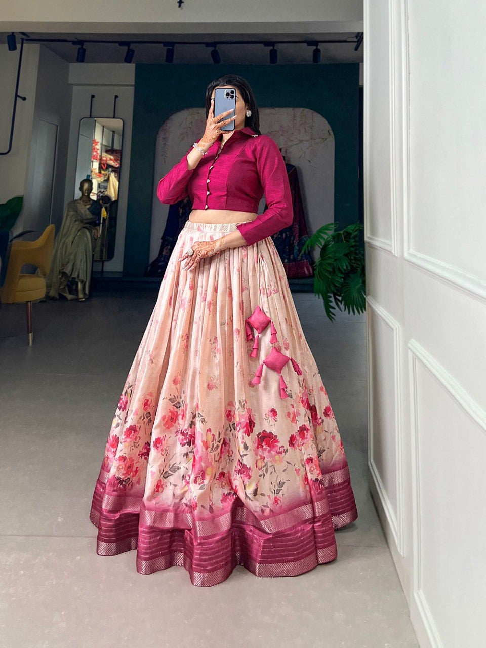 Pink Dola Silk loral Print With Sequins and Zari Border Lehenga