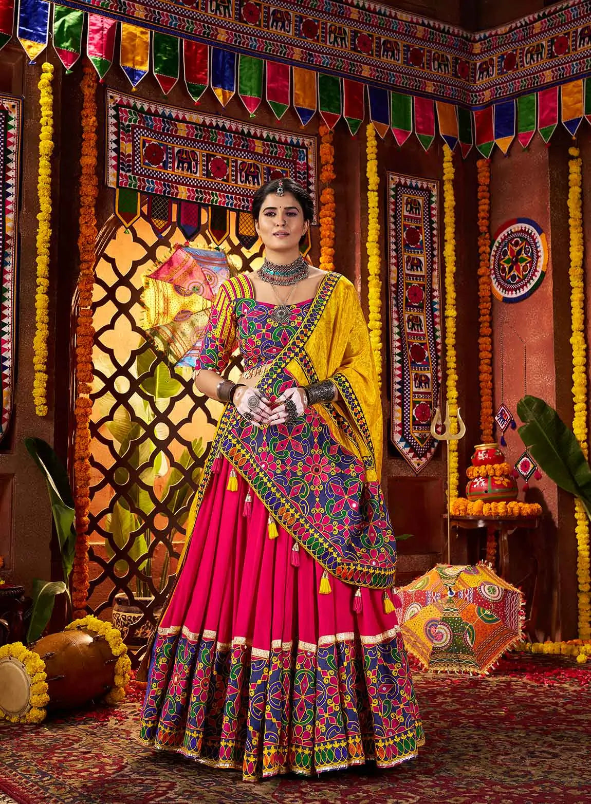 9 Meter Flair | Pinkish Red & Yellow Navratri Lehenga With Mirror Work