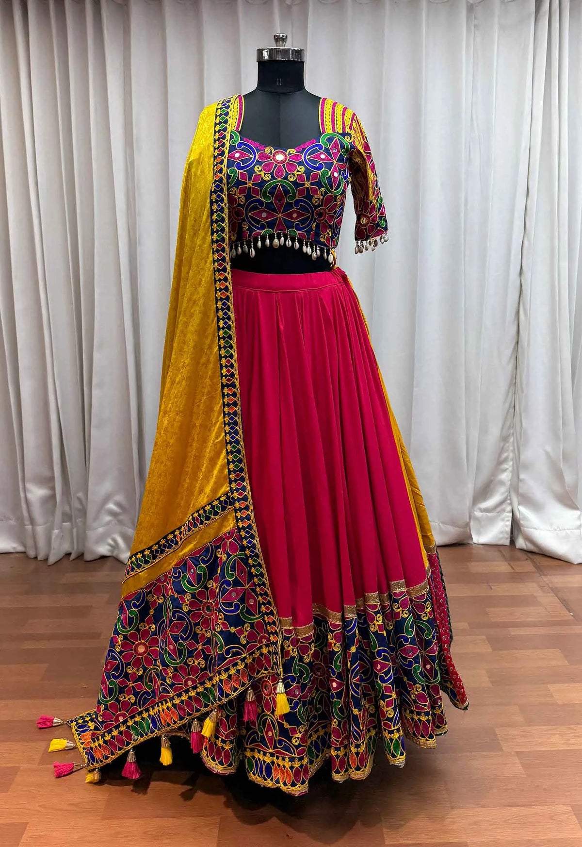 9 Meter Flair | Pinkish Red & Yellow Navratri Lehenga With Mirror Work