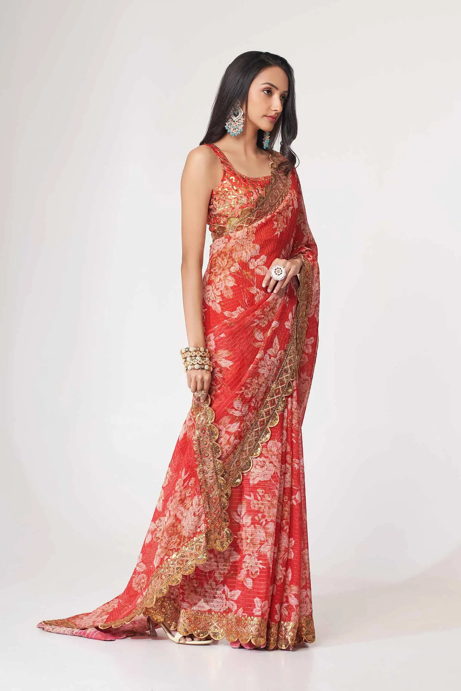 Red Floral Print Organza Saree With Sequins Work - qivii