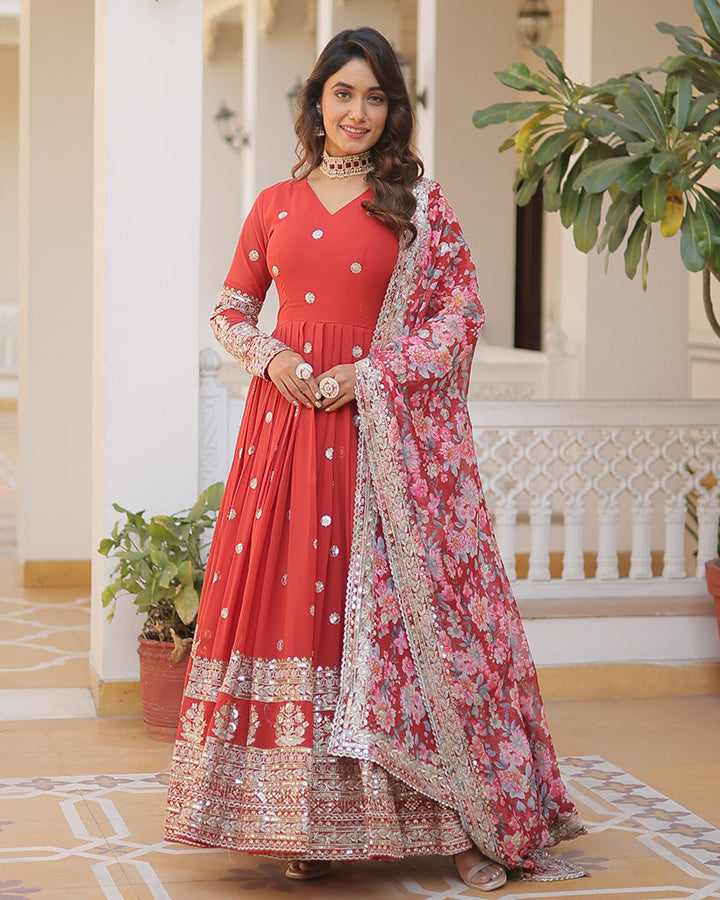 Red Color Faux Georgette Designer Gown With Dupatta  - By Qivii