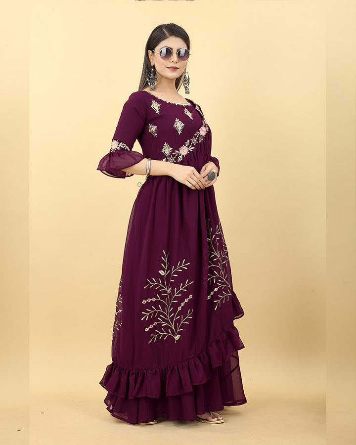 Wine Color Georgette Embroidered Anarkali Gown  - By Qivii