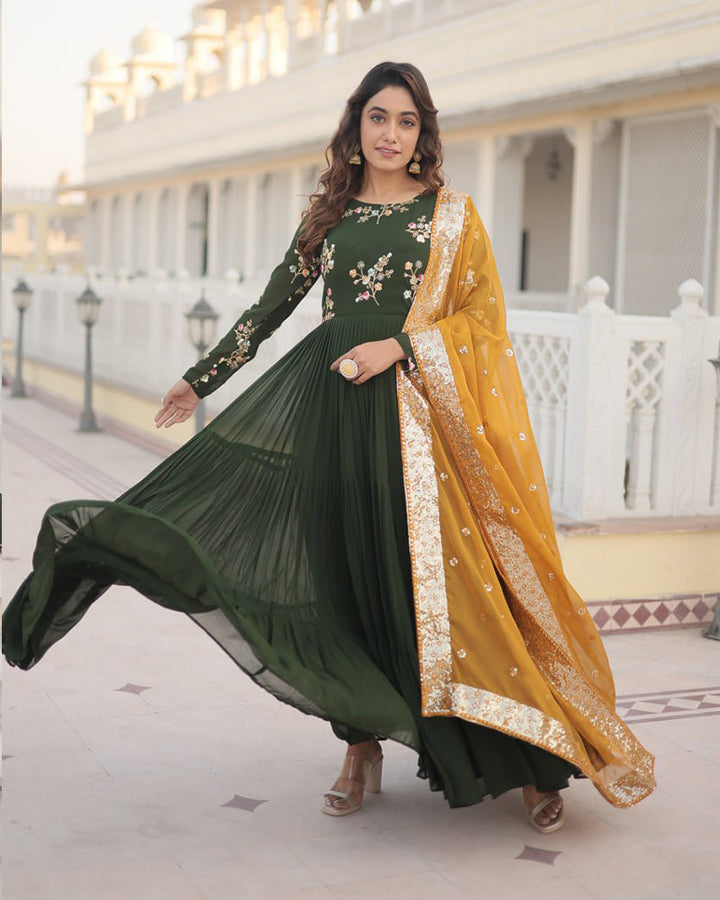 Mehndi Color Three layer Georgette Gown With Russian Silk Dupatta  - By Qivii