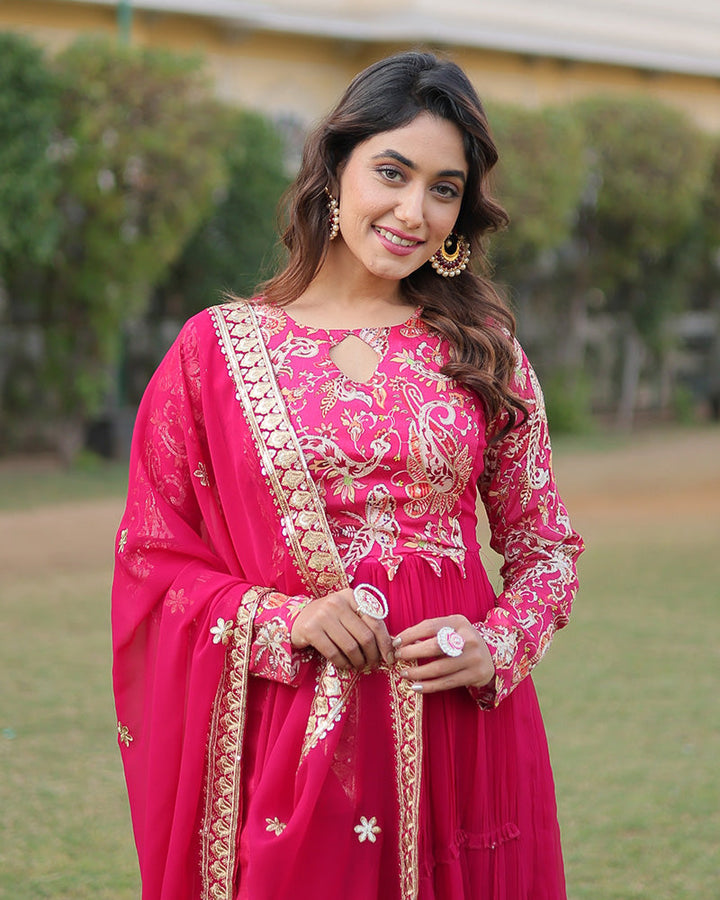 Rani Pink Color Frill Georgette Gown With Dupatta  - By Qivii