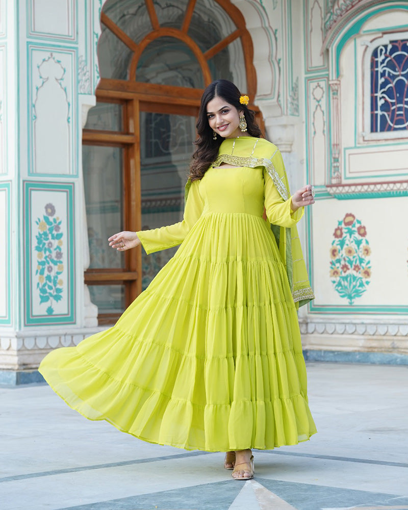 Parrot Color Five layer Georgette Anarkali Gown With Dupatta  - By Qivii