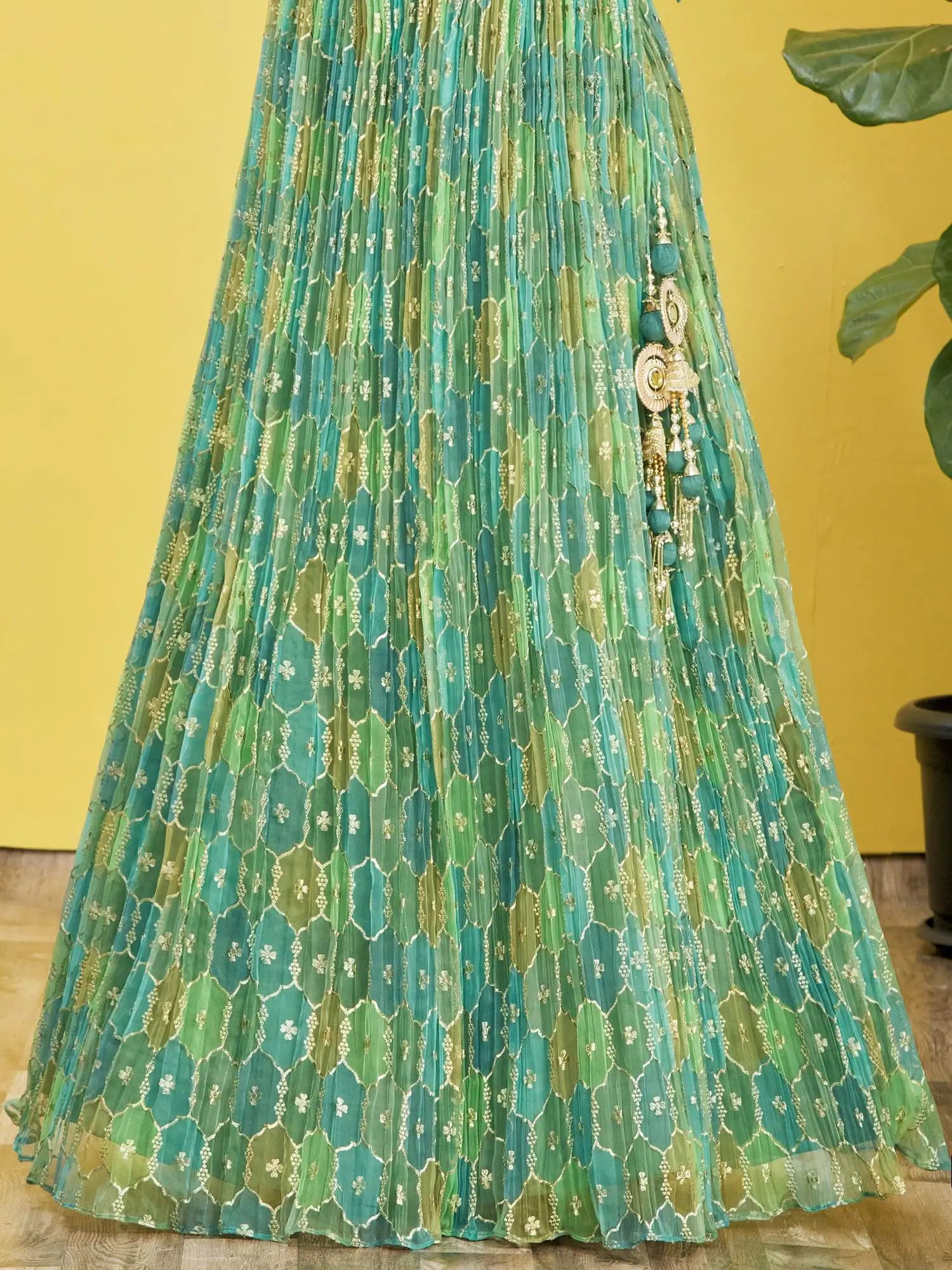 Pistachio Green Mirror Work Lehenga Choli with Net Dupatta - qivii