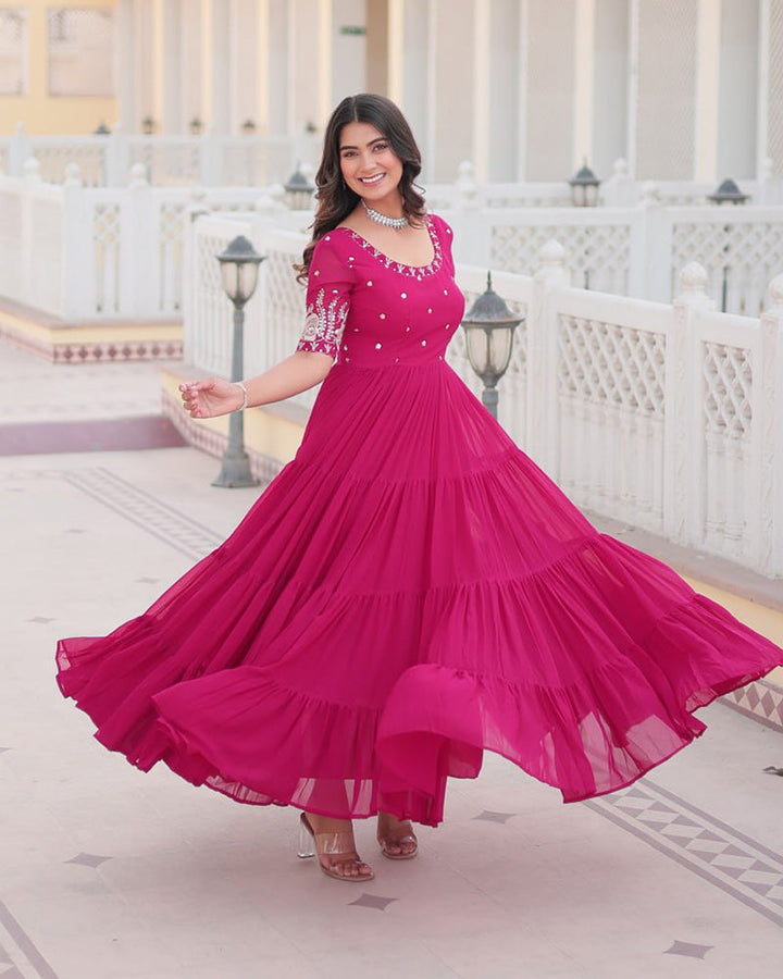 Pink Color Four Layer Georgette Embroidered Gown  - By Qivii