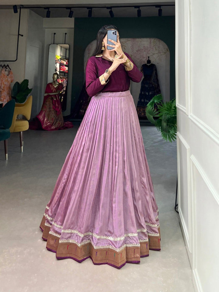 Purple Vichitra Silk Plain With Paithni Lace Border Trendsetting Shirt and Lehenga