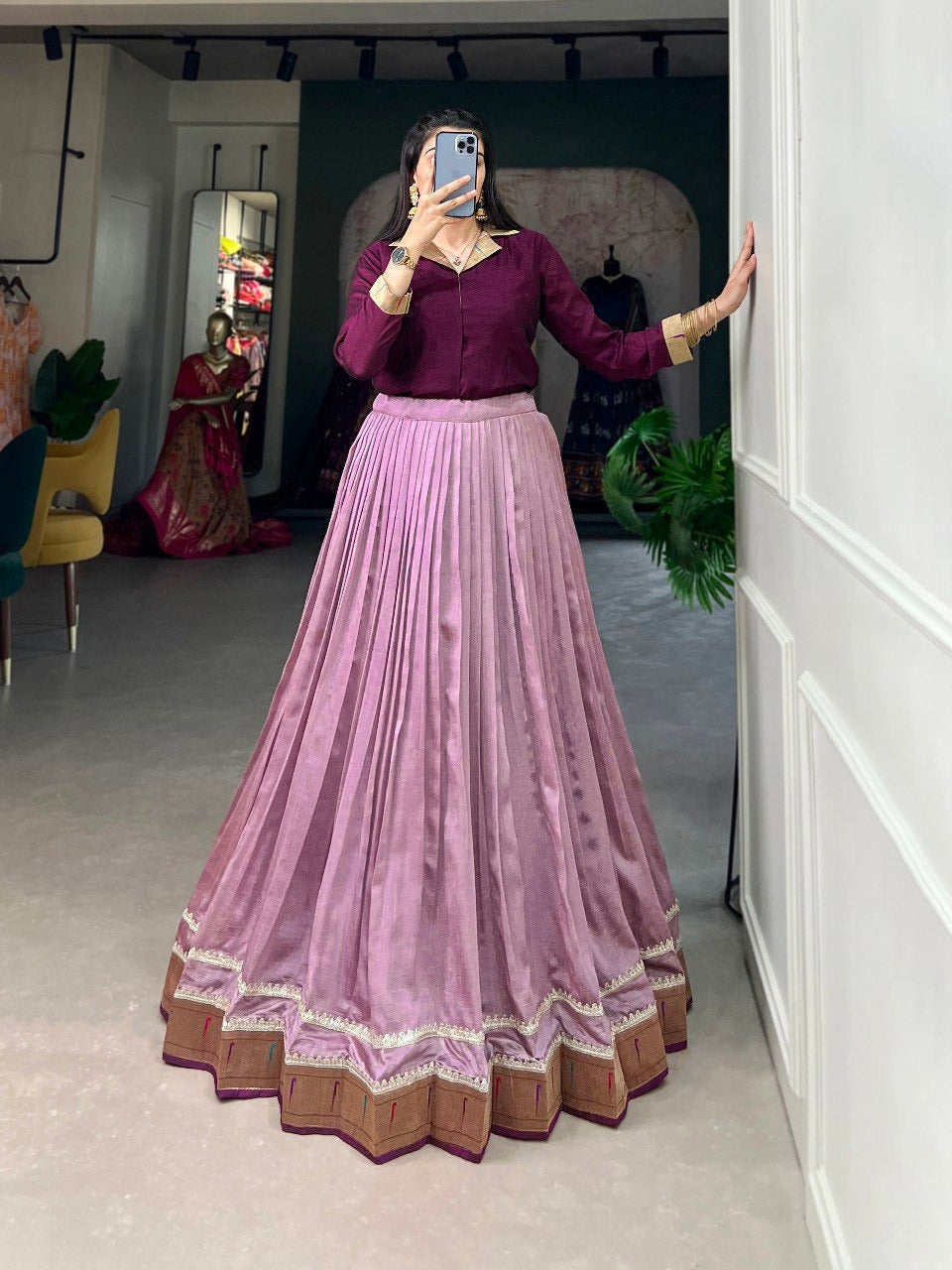 Purple Vichitra Silk Plain With Paithni Lace Border Trendsetting Shirt and Lehenga