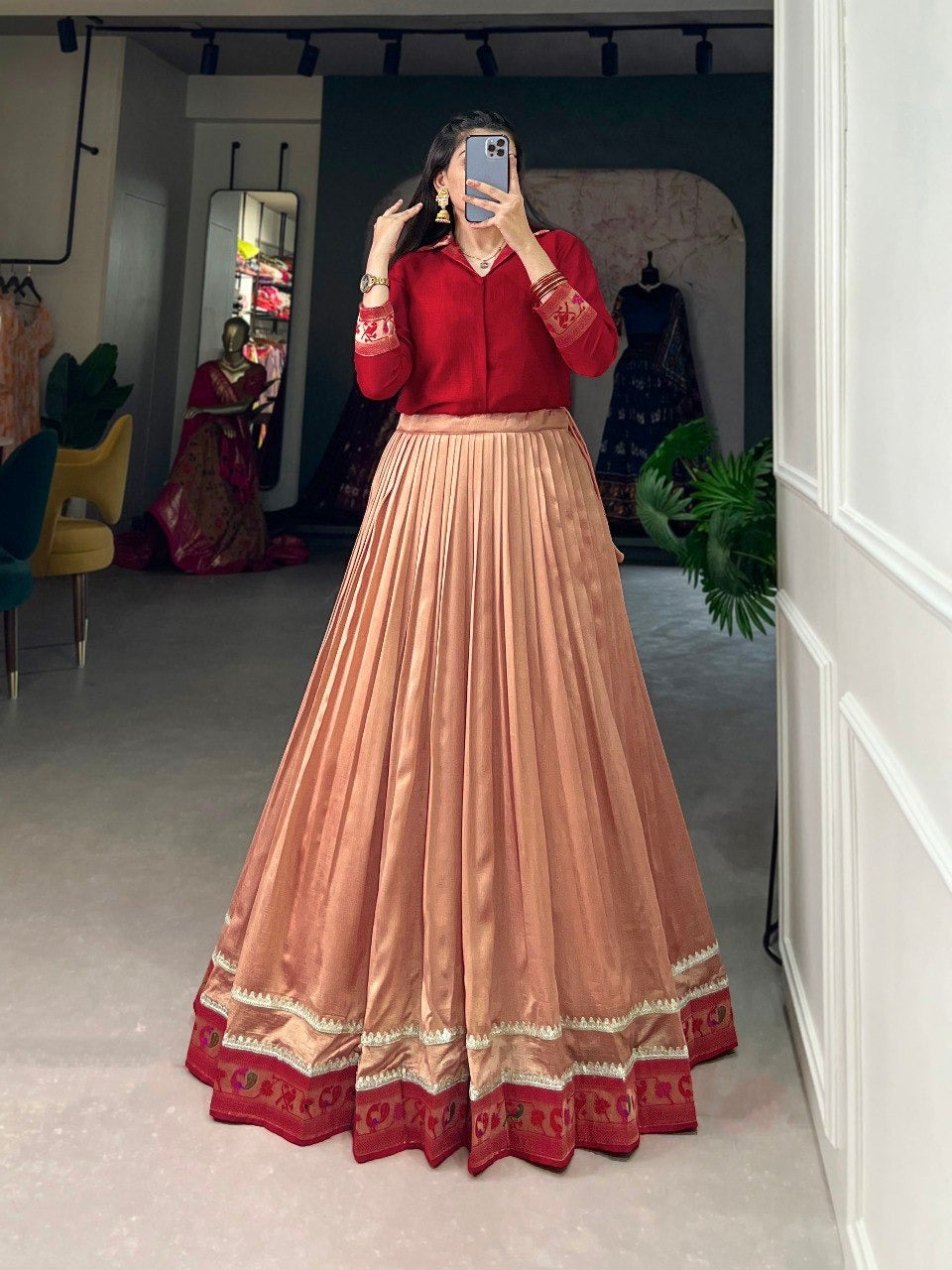 Red Vichitra Silk Plain With Paithni Lace Border Trendsetting Shirt and Lehenga