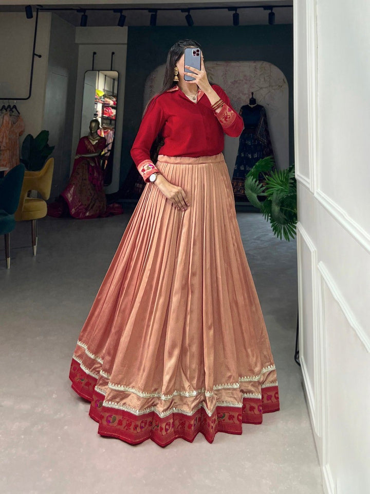 Red Vichitra Silk Plain With Paithni Lace Border Trendsetting Shirt and Lehenga