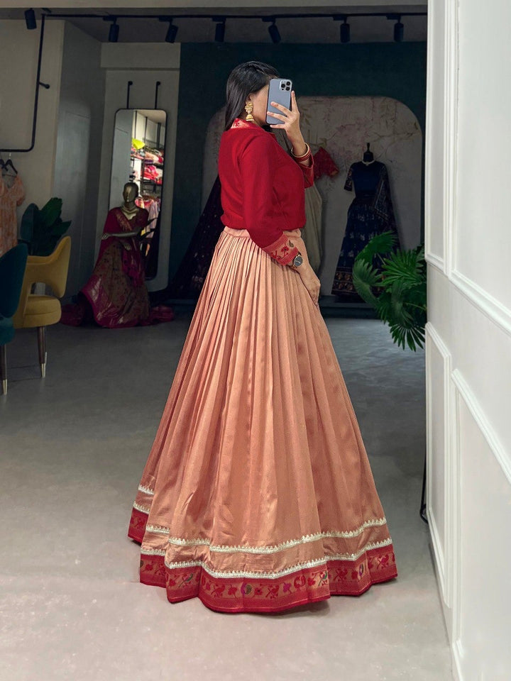 Red Vichitra Silk Plain With Paithni Lace Border Trendsetting Shirt and Lehenga