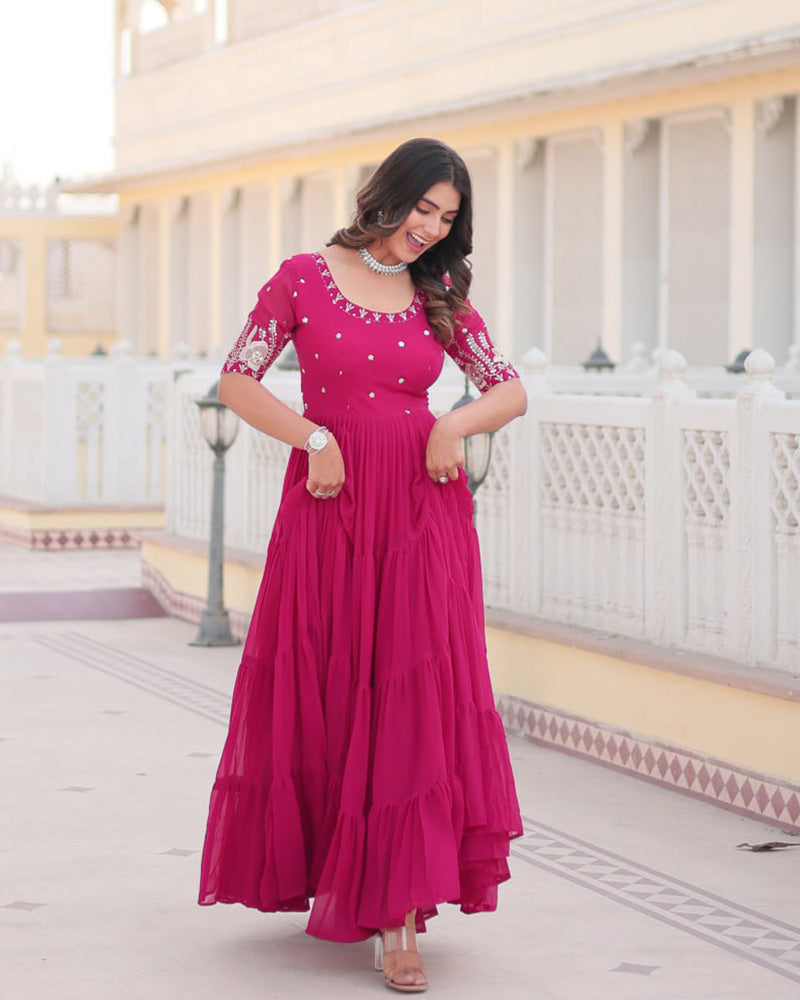 Pink Color Four Layer Georgette Embroidered Gown  - By Qivii