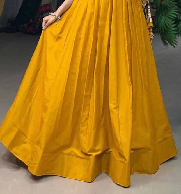 Mustard Cotton Plain Drawstring With Handmade Tassels Lehenga Choli