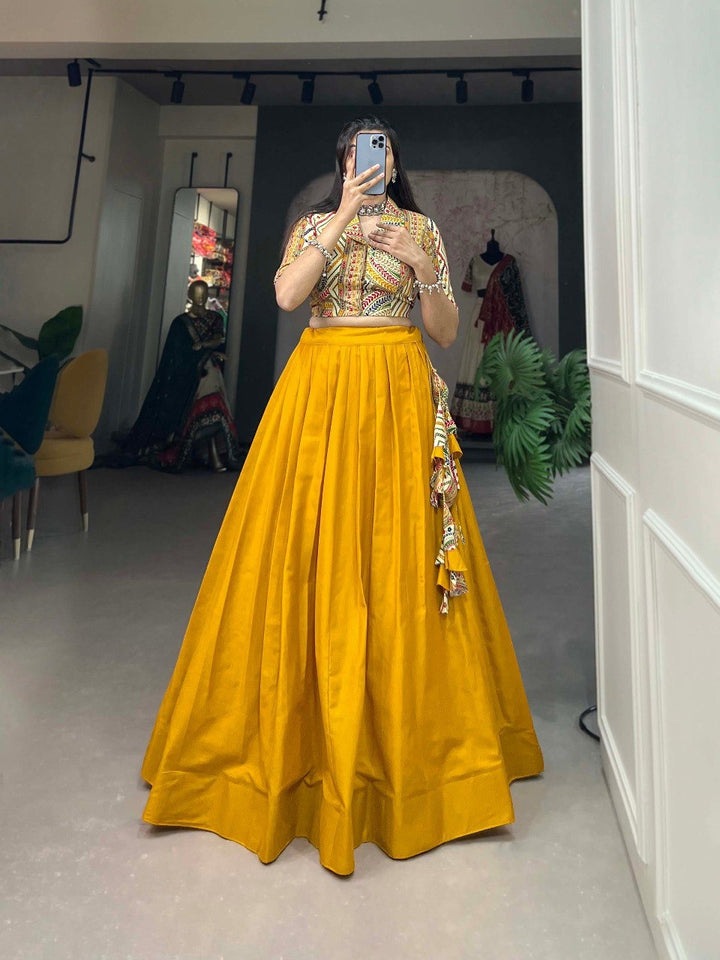 Mustard Cotton Plain Drawstring With Handmade Tassels Lehenga Choli