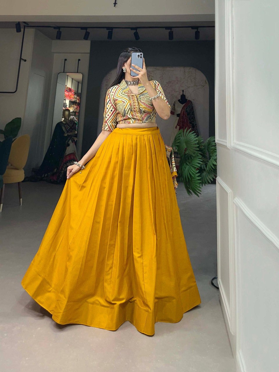 Mustard Cotton Plain Drawstring With Handmade Tassels Lehenga Choli