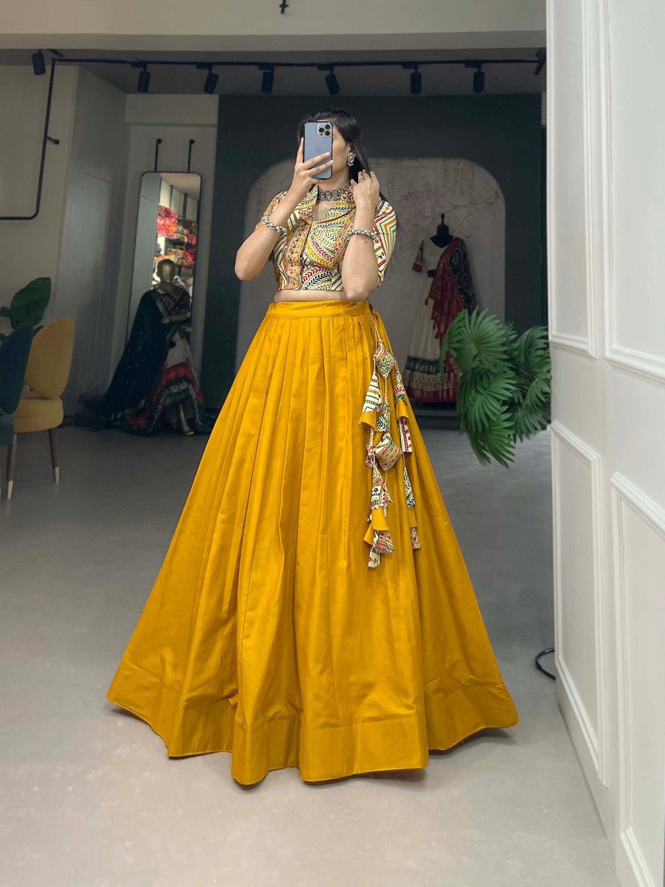 Mustard Cotton Plain Drawstring With Handmade Tassels Lehenga Choli