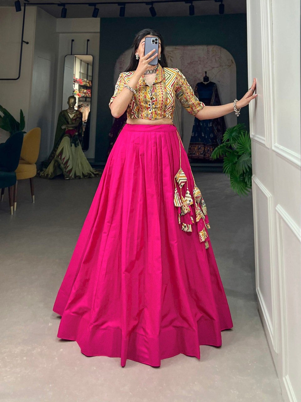 Pink Cotton Plain Drawstring With Handmade Tassels Lehenga Choli