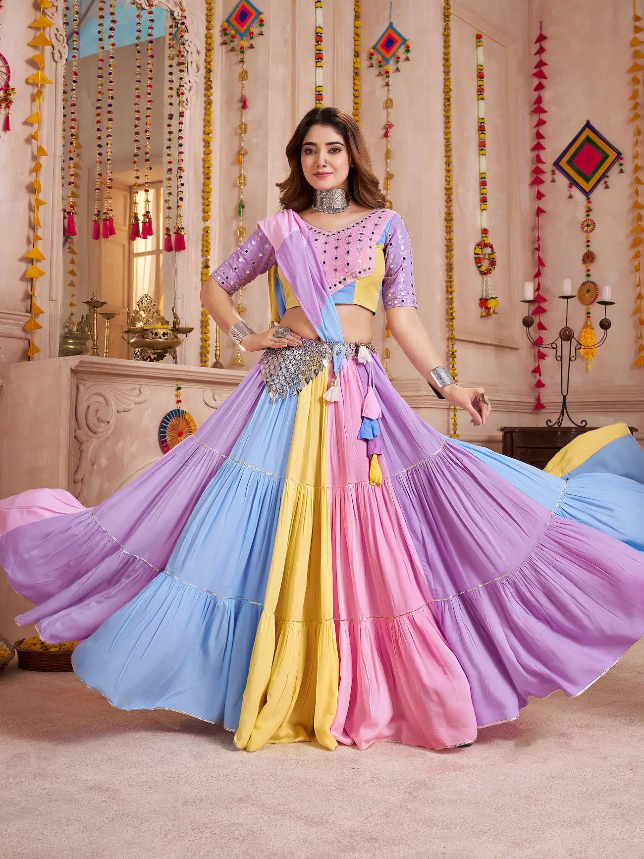 Multicolor Navratri Lehenga choli With Mirror & Patch Work