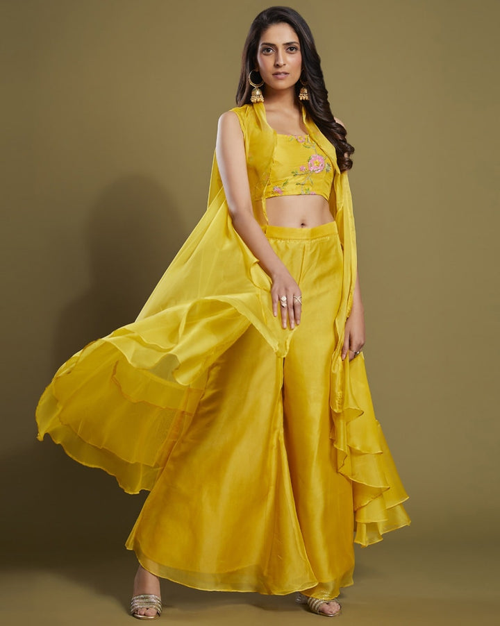 Yellow Organza ready-to-wear Jacket Style co-ords by Qivii