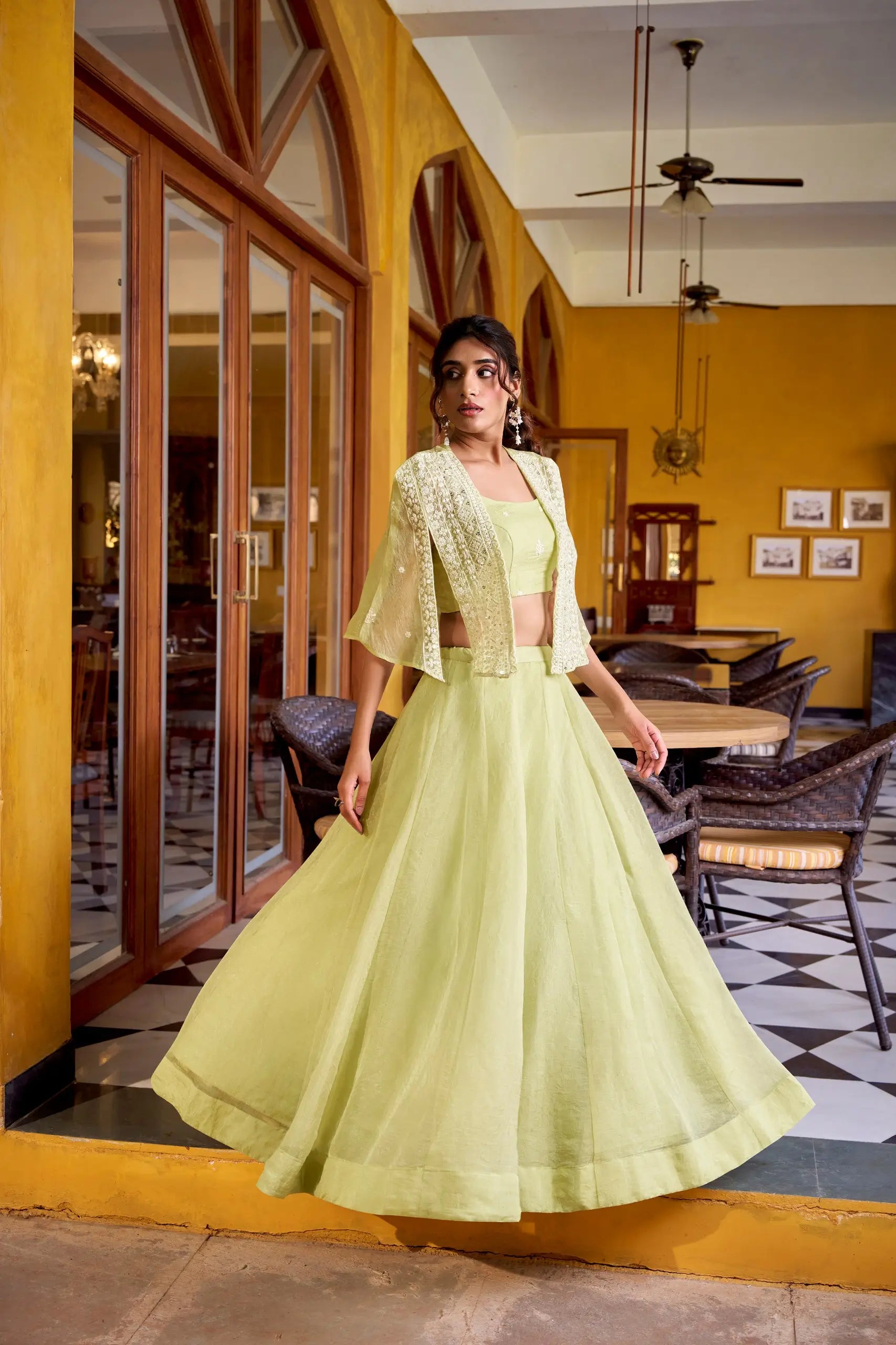 Tea Green Allnen Crush Indo-Western Set