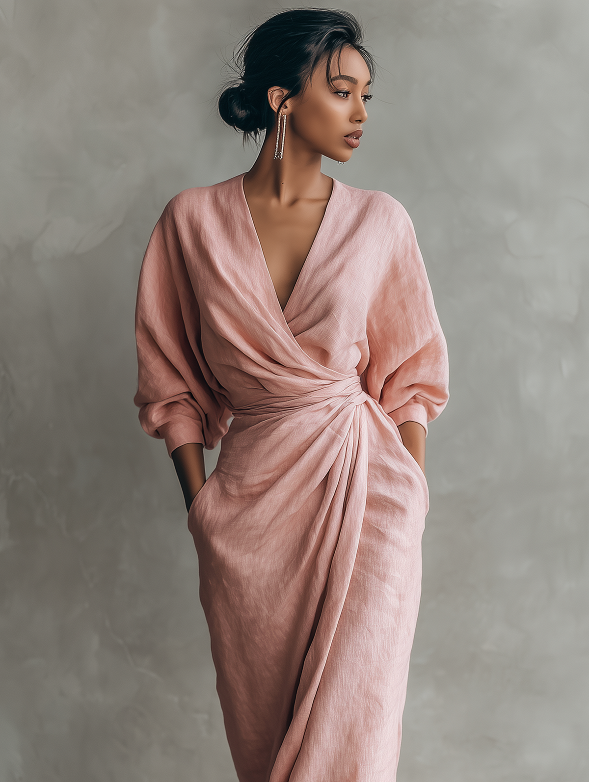 Women's Pink Minimalist V-neck Linen Blend Maxi Dress MDA1655L0Y