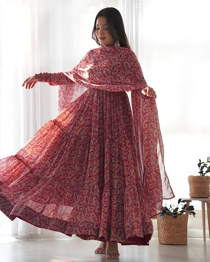 Elegant maroon Anarkali suit with intricate Kalamkari design