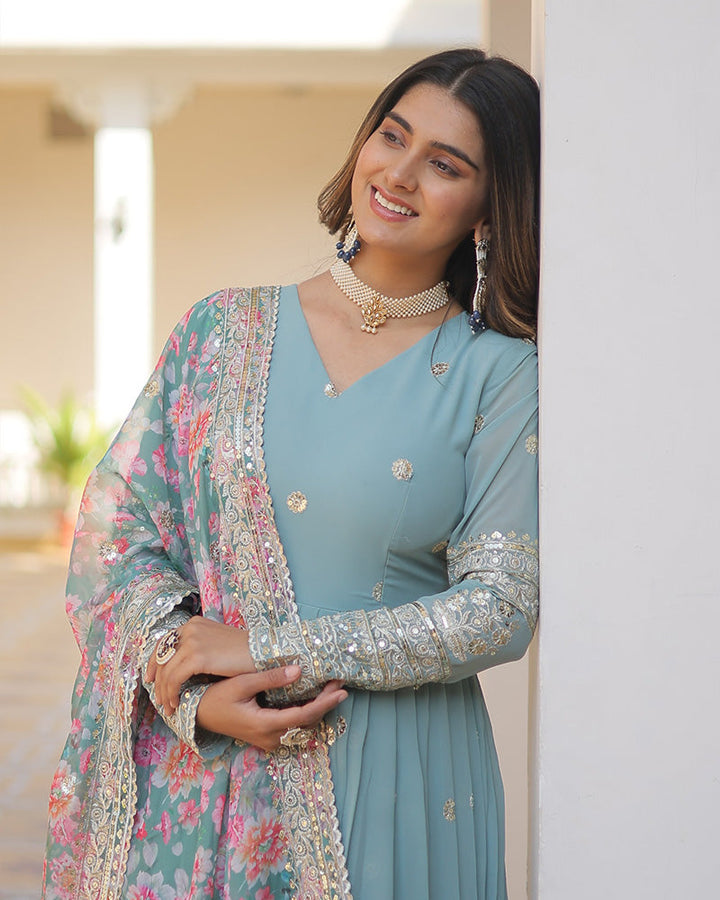 Sky Color Faux Georgette Designer Gown With Dupatta by Qivii, perfect for special occasions and formal events, featuring exquisite detailing and flowing silhouette