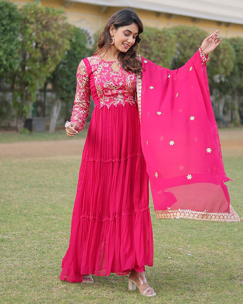 Rani Pink Color Frill Georgette Gown With Dupatta  - By Qivii