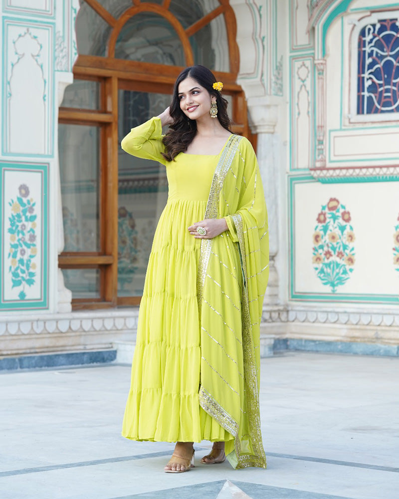 Parrot Color Five layer Georgette Anarkali Gown With Dupatta  - By Qivii