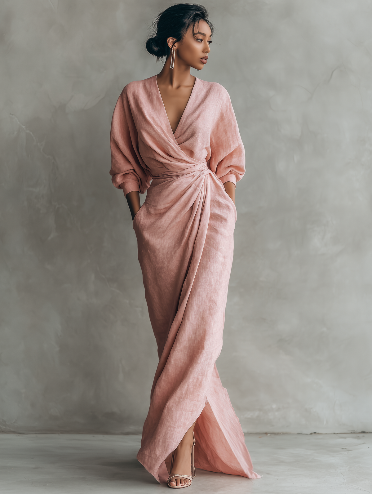Women's Pink Minimalist V-neck Linen Blend Maxi Dress MDA1655L0Y