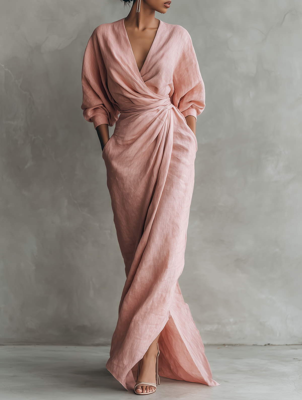 Women's Pink Minimalist V-neck Linen Blend Maxi Dress MDA1655L0Y