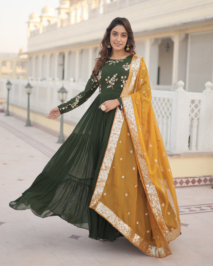 Mehndi Color Three layer Georgette Gown With Russian Silk Dupatta  - By Qivii