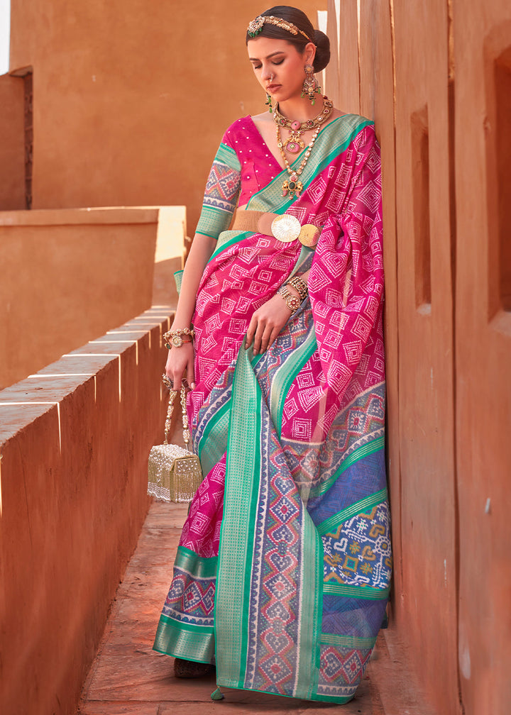 Hot Pink Printed Cotton Silk Saree