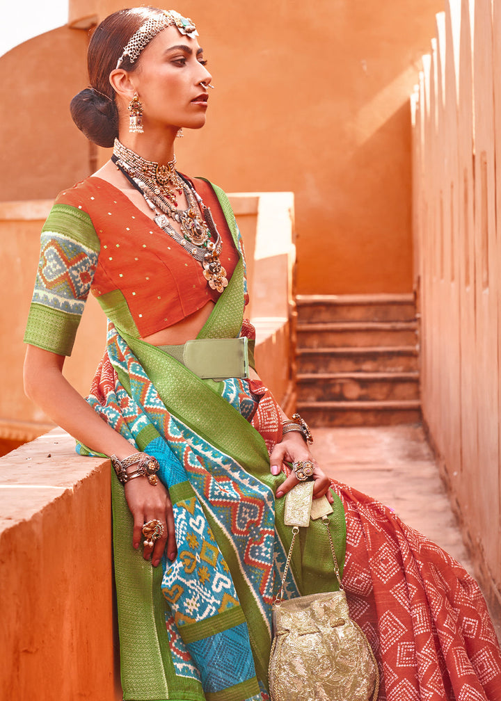 Carrot Orange Printed Cotton Silk Saree