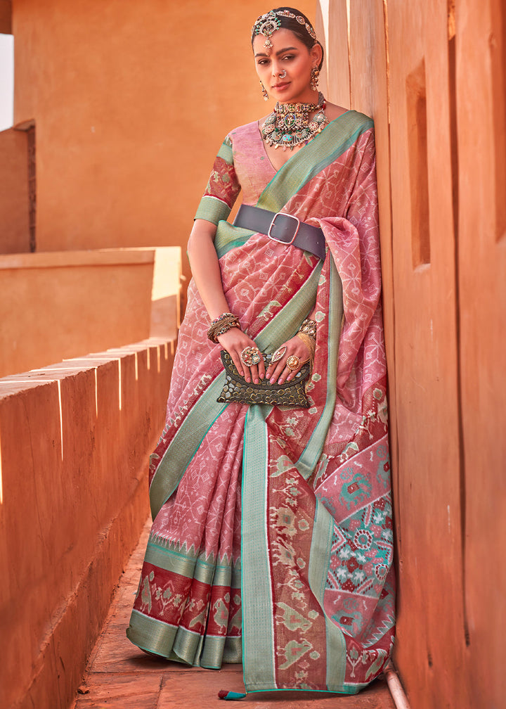 Carnation Pink Printed Cotton Silk Saree