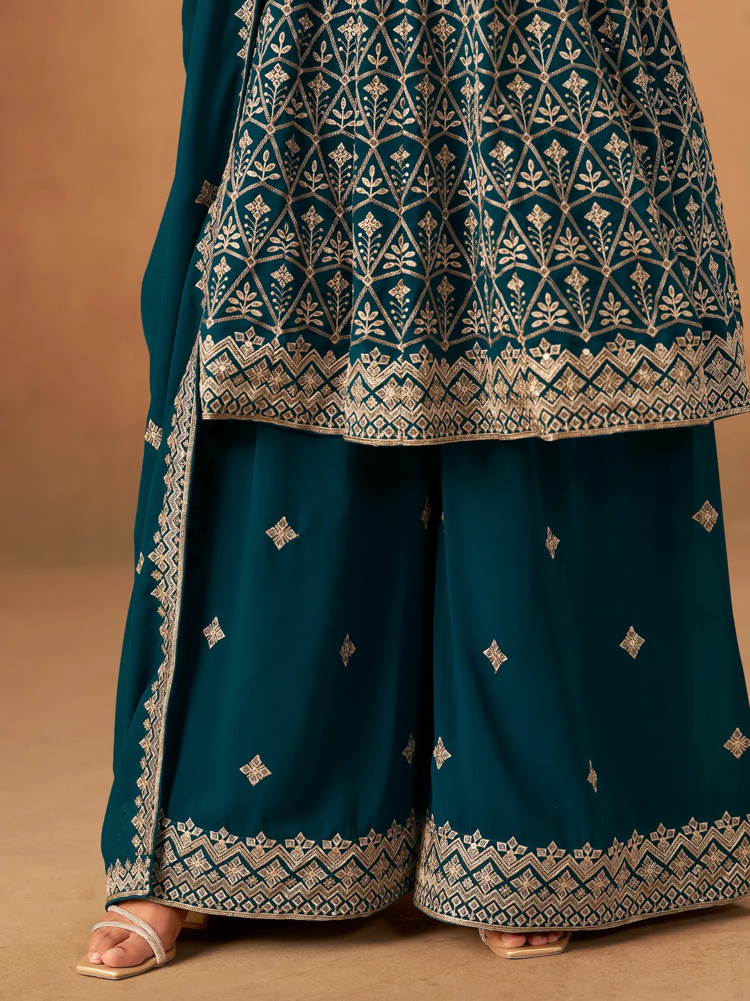 Teal Blue Georgette Embroidery Work Palazzo Set - qivii