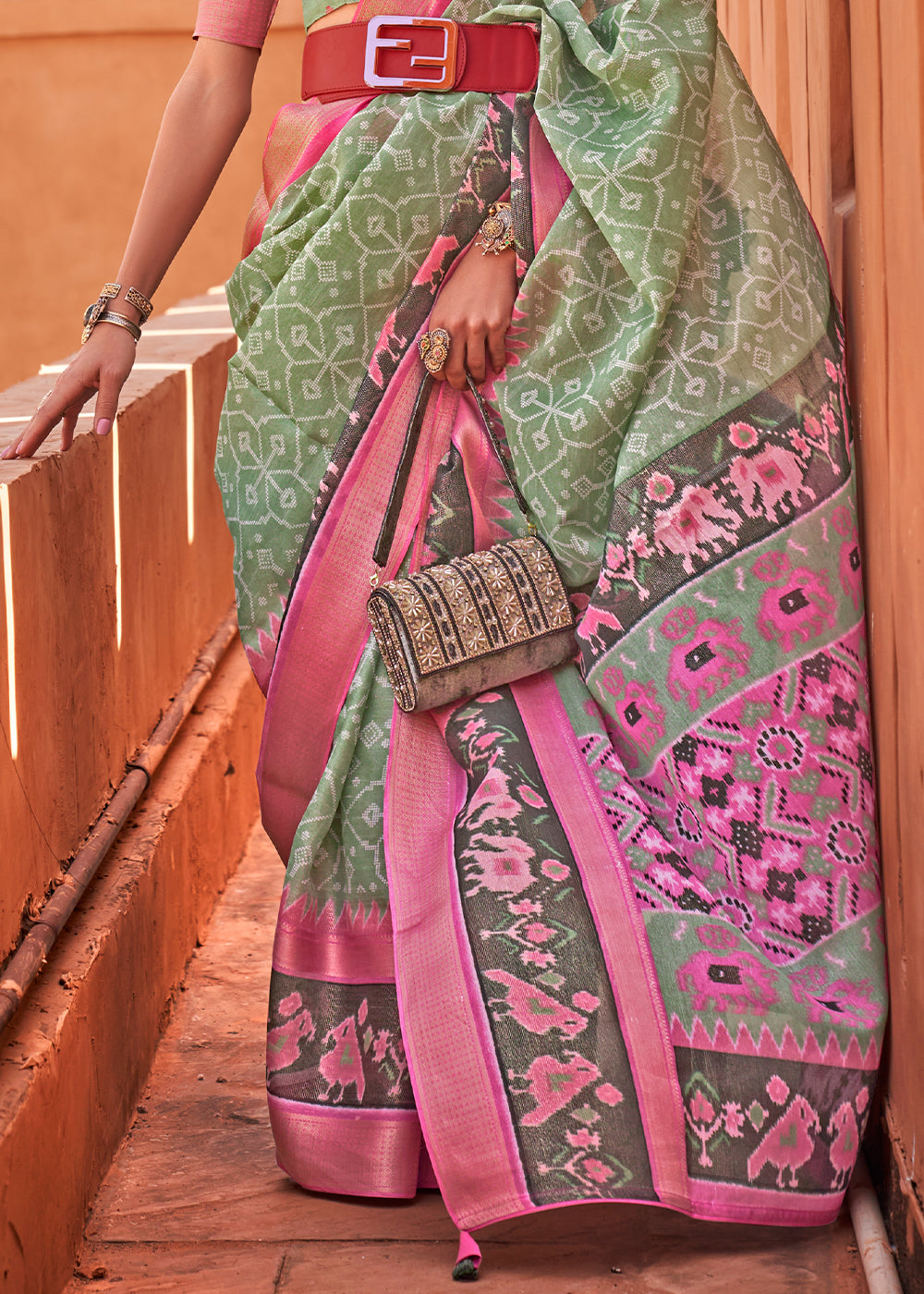 Tea Green Printed Cotton Silk Saree