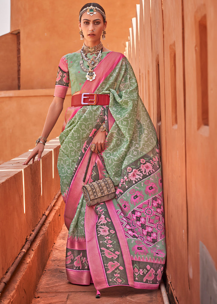 Tea Green Printed Cotton Silk Saree