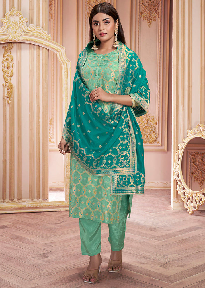 Sea Green Meena Dola Silk Jacquard Kurta with Santoon Trouser and Dola Jacquard Dupatta